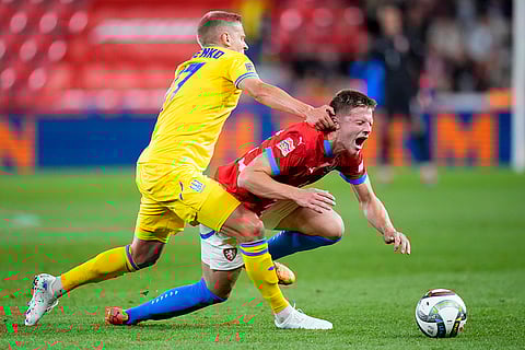 UEFA Nations League, Czech Republic vs Ukraine: Ukraine's Oleksandr Zinchenko, left, fights for the ball with Czech Republic's Lukas Cerv